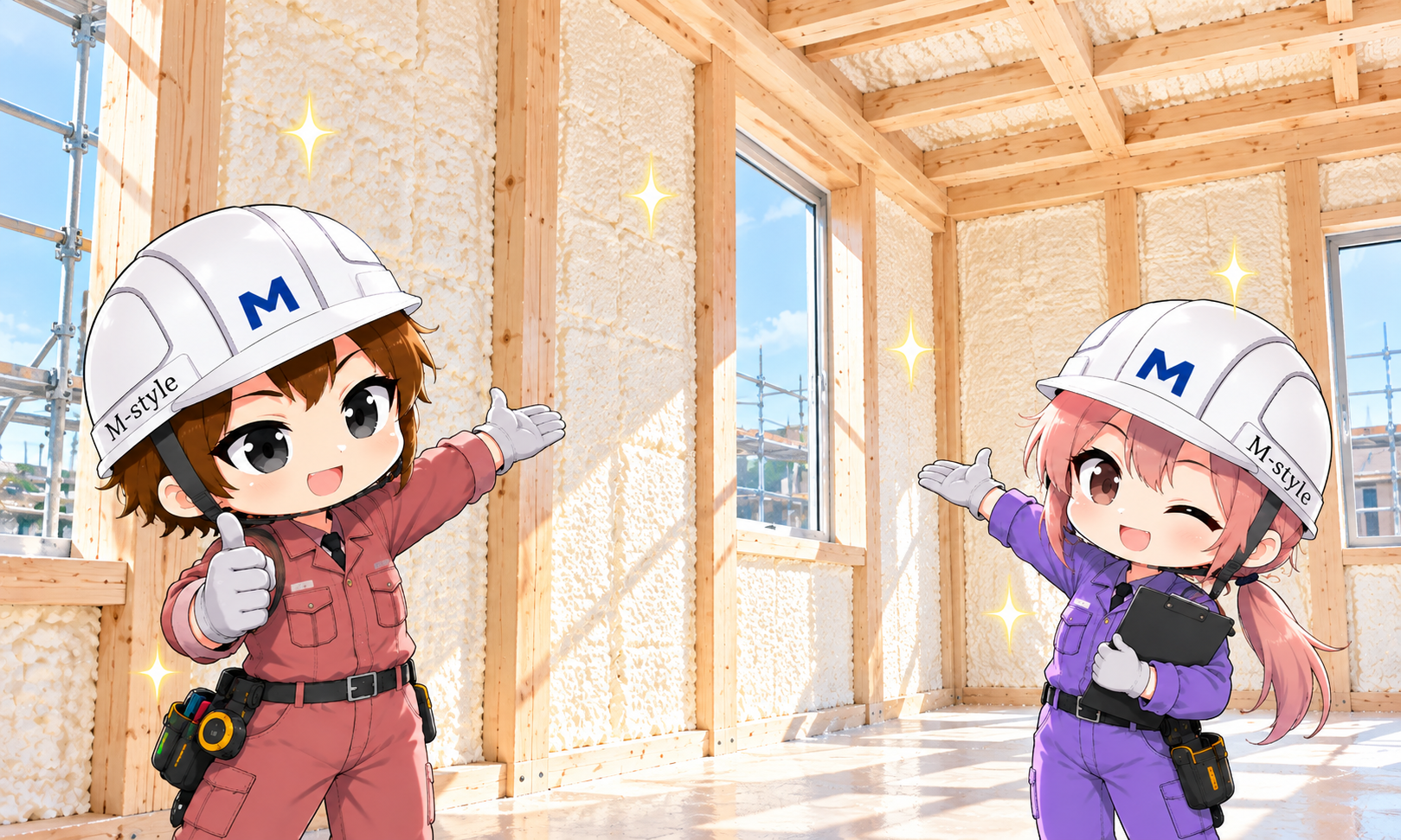 木造断熱を紹介するチビキャラたち