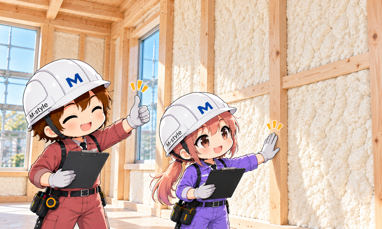 断熱材を確認する笑顔の現場チーム